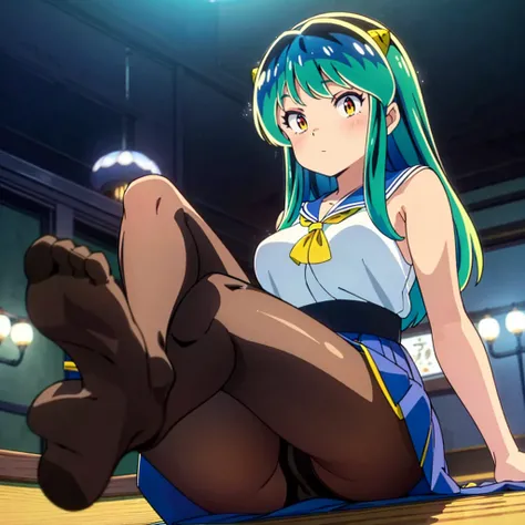 masterpiece, Highest quality, 1 Girl, Lum、 Mature、Sailor suit、Navy Skirt、Black Pantyhose、Sit down、Watching the audience、 Show the soles、 From below, Panties, anime, blush, sexy、 High definition,  Green Hair. Japan