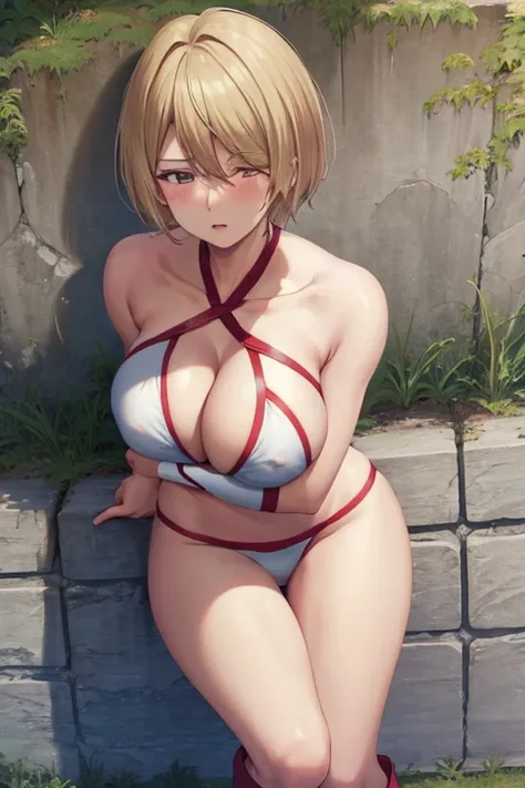 masterpiece, best quality, beautiful art, high resolution, well formed hands, body and fingers, 1 woman, solo, Hououji Akane, blonde, full body , grown up, adult, huge and round breasted, cleavage, hair ornament, wearing a Tyris Flare outfit ,  white_bikin...