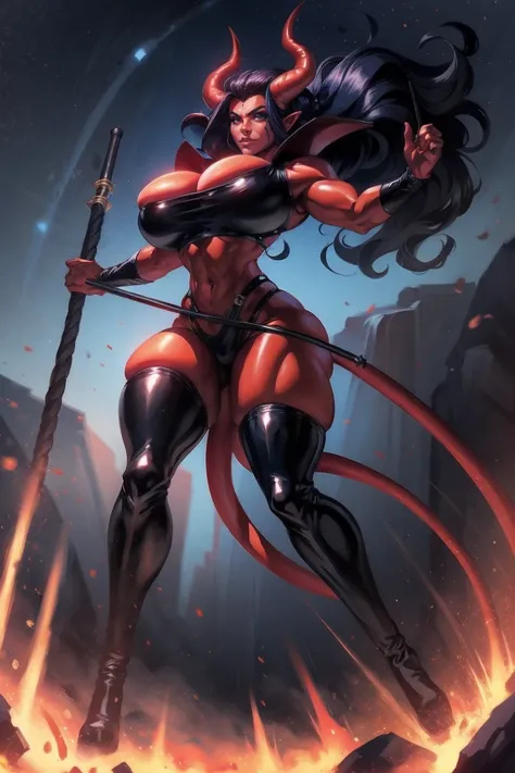 Red skin succubus tiefling, medium breasts, big meaty hips, thick thighs, black horns, wings, huge tail, black leather, crop top, long flowing pelvic curtain, tall, toned, graceful, thin, long black ponytail. Action scene, whip. Dark scene, explosions, nig...