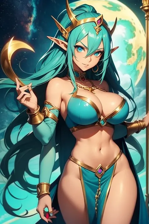 (Masterpiece, best quality, official art, 8K), ultra-detailed, a cartoon image of a golden-skinned female Djinn with blue hair and a chain around her neck, Human Hybrid Djinn, ((((sky blue skin)))), skin genie girl sky blue, alone, Krenz Cushart and Artger...