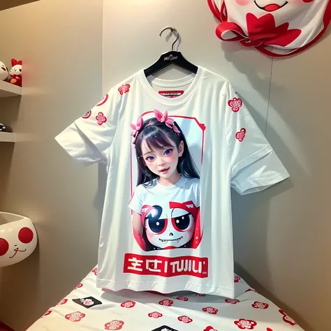 White and Bright Red, (Masterpiece 8K TopQuality:1.2) (ProfessionalPhoto:1.37) ExtremelyDetailed (((a T-shirt) with PUNIPUNI KAWAII girl Printed on it) with "SUPER BITCH" Logo ) 