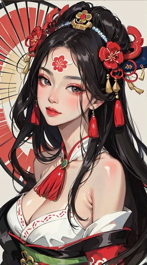 （tmasterpiece：1.2，best qualtiy），（Very detailed face，Real pictures，Realistic skin，photorealistic body，Complicated details），solo，1 milf，rcasual，ukiyoe painting，cropped shoulders，（aquarel：1.3），oiran，