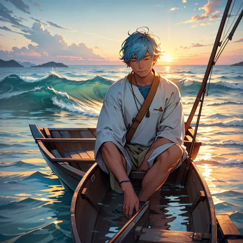 A humble fisherman in a simple boat, fishing at sunrise. The fisherman looks content and focused. The background features a calm sea with gentle waves and a serene sky with the sun rising, casting warm colors across the water. The art style should match th...