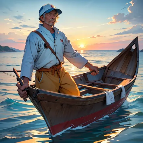 A humble fisherman in a simple boat, fishing at sunrise. The fisherman looks content and focused. The background features a calm sea with gentle waves and a serene sky with the sun rising, casting warm colors across the water. The art style should match th...