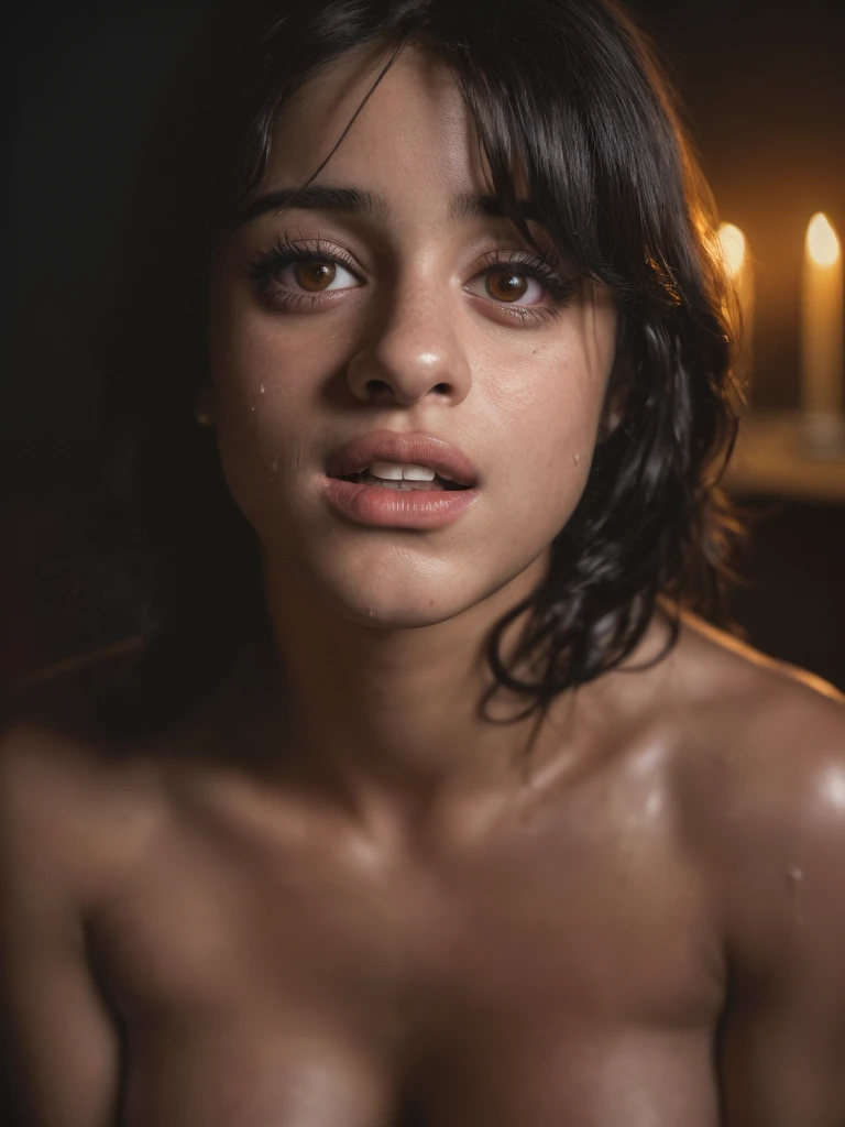 (full-body, editorial photograph of a 16 year old Camila Cabello), totally naked, extremely intense loud cheering from strongest deepest orgasm excitement, extremely beautiful magnetic libidinous eyes, eye-contact with viewer playfully begging him to penet...