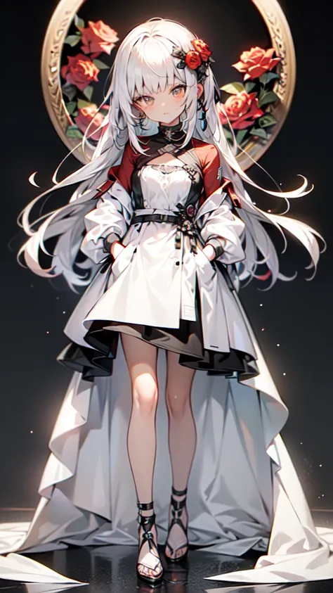 1 woman in a red dress and black heels standing in front of a wreath of red roses, hand in pocket, gray hair deity, long smooth hair and bangs, straight cutted hair and bangs, red right eye, gray left eye, heterochromia eyes, High quality anime image of a ...