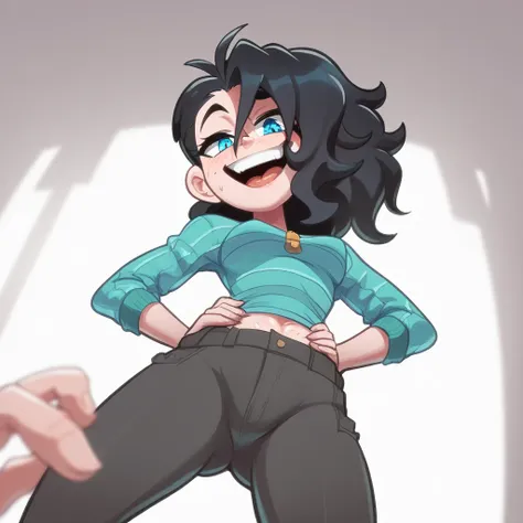 Ralph Bakshi Style, gesugao, Curvy blue eyed girl with long wavy black hair and small breasts, (extreme nsfw):3.0, lewd:3.0, (upward angle), (full-body-shot pov), (pubic_stubble):4.0, hands on hips