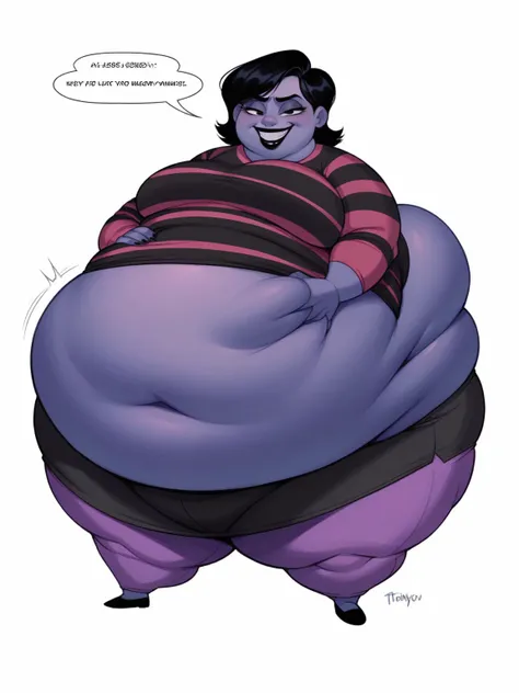 Fat obese, sssbbw, gluttony, high school girl, pixar animated, toothy grin, grabbing belly, Masterpiecev10, Extremely detailed, belly hanging out, sexy, sensual, ((black striped shirt)), black lipstick, black hair, pale