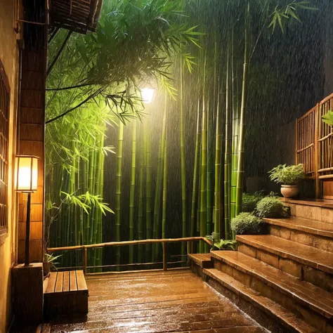 the curtains are rustling and the bamboo courtyard is deep，the guest feels  and chants with the lamp。unexpected night of rain on...