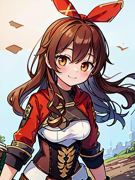 ultra-detailed, masterpiece, highest quality, medium breast, pov, smile, blush ,amber (genshin impact), brown eyes, brown hair, long hair, red hair ribbon