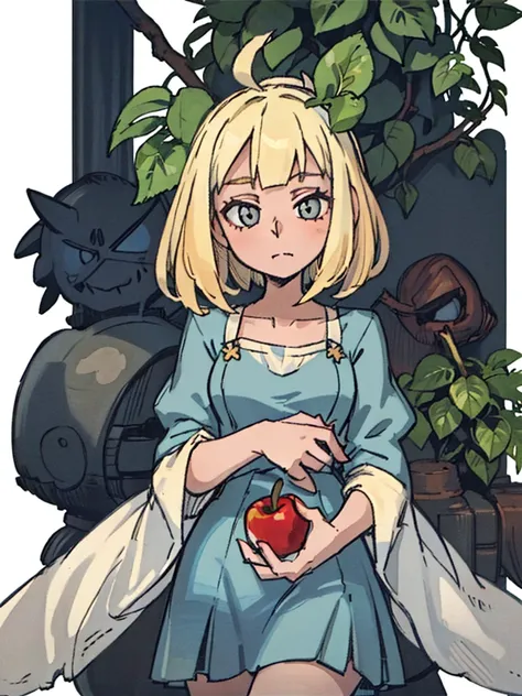 (( A girl, Short blonde hair, light blue dress, holding an apple, forst, Thu, 2d, dark surroundings, leaves drying differently，middle Ages，White background