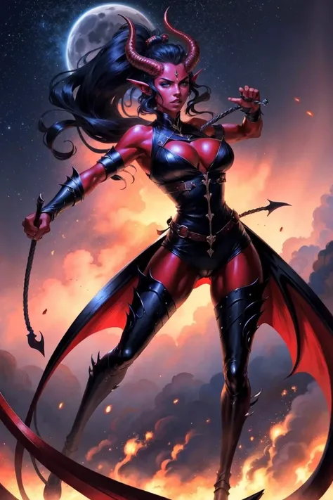 Red skin succubus tiefling, medium breasts, black horns, wings, huge tail, black leather, tall, athletic, graceful, thin, long black ponytail. Action scene, whip. Dark scene, explosions, night sky.