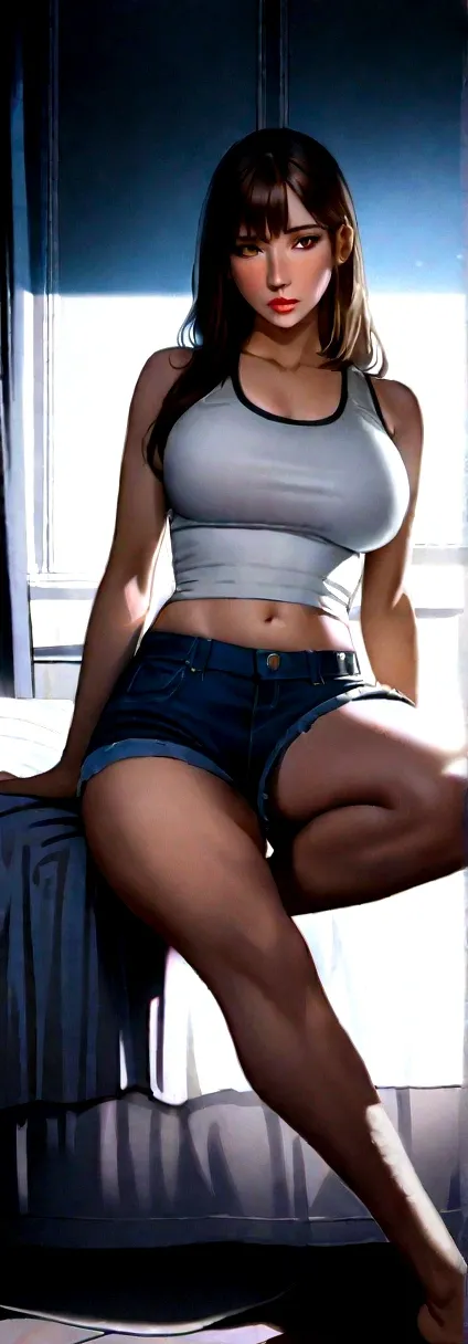 ((Panty shot:1.5)) ((Big Breasts:1.3))  ((On the bed:1.2)) ((Sleep:1.2)) ((Denim shorts:1.2)) ((close:1.2)) ((Flat stomach:1.2)) Highest quality,masterpiece,Ultra-high resolution,(Realistic:1.4),RAW Photos,(Real skin texture:1.3),(Film Grain:1.3),Panorama,...