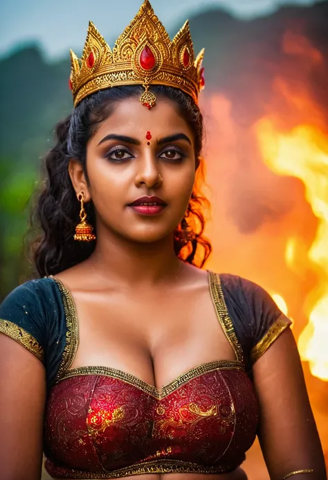 (((photo of a ancient kerala crowned temple goddess ))), (((black kali))) , (((Half Body))), (((very dark skin))), (((age 18+))), (((chubby tall))), (((huge busty milky wet big massive boobs))), (((nude thigh))), (((ancient black mini skirt))), ((black ski...