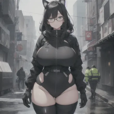 Absurd resolution,high resolution,(masterpiece: 1.4),hyper-detail,fullbody shot,head to toe,full frontal camera perspective,solo,shorter,standing,glasses,kemono feline cat futanari, puffy inverted nipple silhouette,no skin other than neck and head shown,wa...