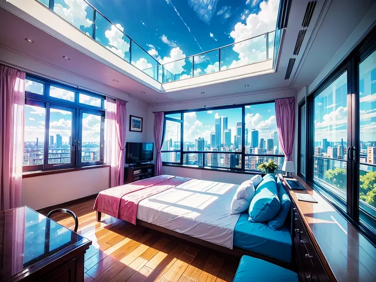 8K HD pictures，Blue sky and white clouds，Glass House，Glass House，There is a big pink bed in the room，There is a table here，TV，There is a bookcase，Pink Curtains，Large glass windows all around，Overlooking the panoramic view，The most important thing is to hav...