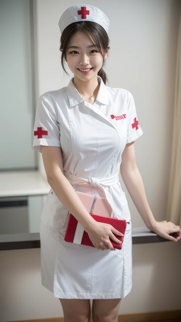 masterpiece, best quality, 1girl, solo, standing, terrarianurse, nurse, nurse cap, smile, syringe