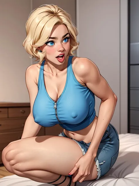 Young female, short blonde hair, big blue eyes, rosy cheeks, wearing a tight blue tank top, with a breasted neckline, with her belly exposed, wearing short denim shorts with an open zipper Crouching with tongue out 