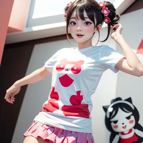 White and Bright Red, (Masterpiece 8K TopQuality:1.2) (ProfessionalPhoto:1.37) ExtremelyDetailed (((a T-shirt) with PUNIPUNI KAWAII girl Printed on it) with "SUPER BITCH" Logo ) 