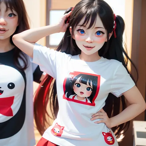 White and Bright Red, (Masterpiece 8K TopQuality:1.2) (ProfessionalPhoto:1.37) ExtremelyDetailed (((a T-shirt) with PUNIPUNI KAWAII girl Printed on it) with "SUPER BITCH" Logo ) 