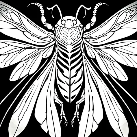 Black and white line drawing of a cicada. The insect is depicted with its wings spread wide, showcasing intricate details of the wing veins and body segments. The cicadas head, thorax, and abdomen are clearly defined, with the head featuring prominent eyes...