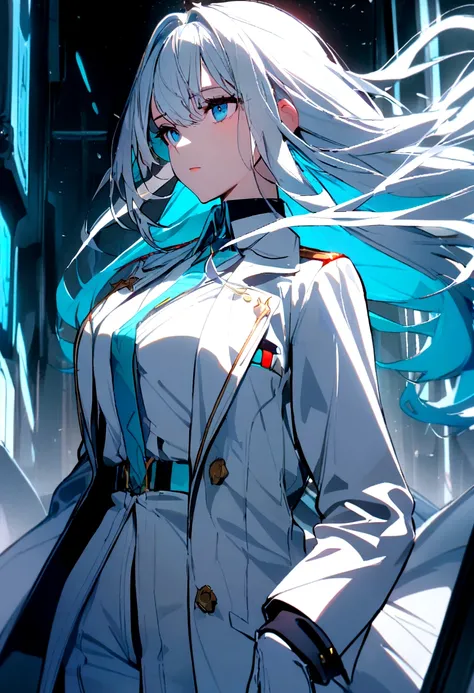 1girl, military uniform, white lab coat, lab coat, white glove, long hair, blue Eyes,