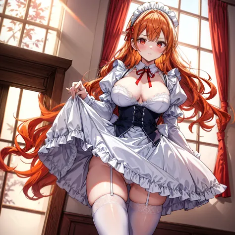 ((Highest quality)), ((masterpiece)), ((detailed)), (4K), a woman wearing underwear and stocking that is holding up her skirt by her thigh, 1girl, underwear, panties, 独奏, thighhighs, backlighting, puffy sleeves, dress lift, long sleeves, bow panties, white...