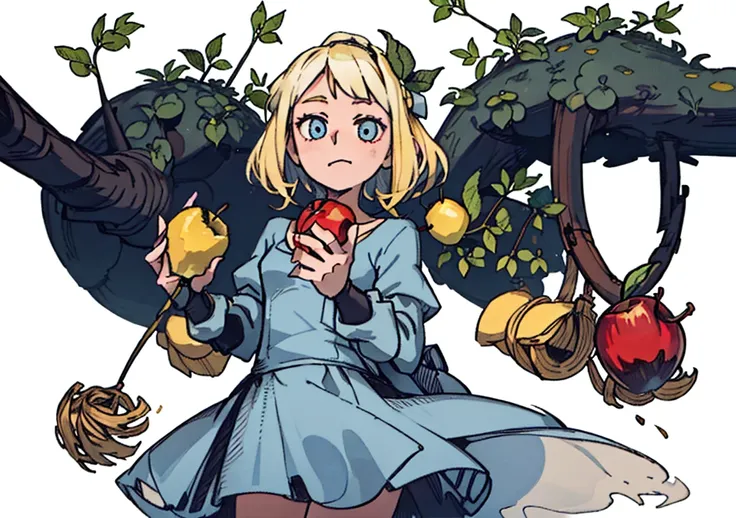 (( A girl, Short blonde hair, light blue dress, holding an apple, forst, Thu, 2d, dark surroundings, leaves drying differently，middle Ages，White background