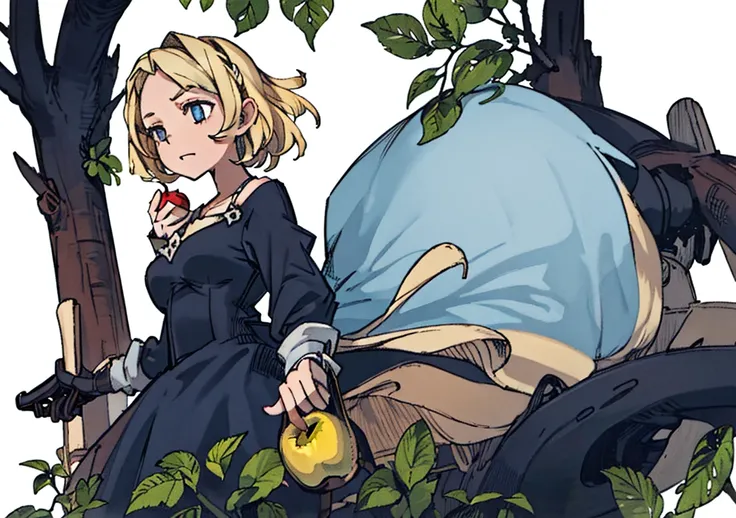 (( A girl, Short blonde hair, light blue dress, holding an apple, forst, Thu, 2d, dark surroundings, leaves drying differently，middle Ages，White background