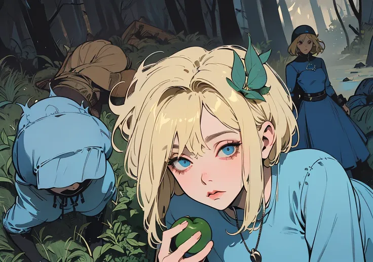 (( A girl, Short blonde hair, light blue dress, holding an apple, forst, Thu, 2d, dark surroundings, different dry leaves，White background