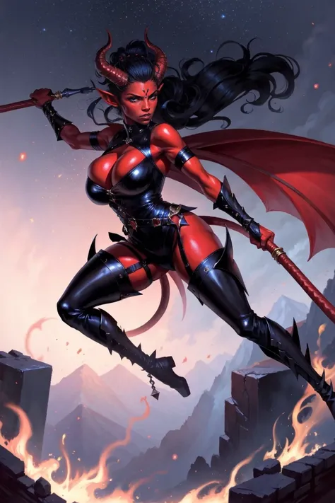 Red skin succubus tiefling, gigantic breasts, black horns, wings, huge tail, black leather, tall, toned, graceful, thin, long black ponytail. Action scene, whip. Dark scene, explosions, night sky.