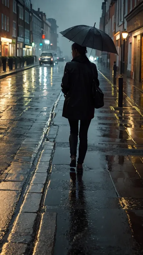 A rain-soaked sidewalk　City of night　England