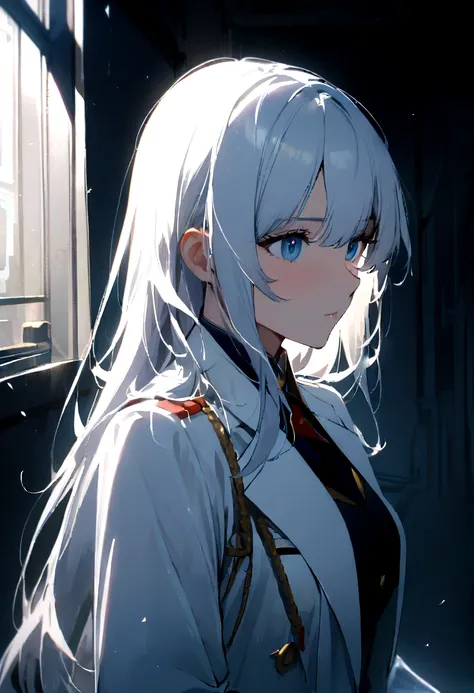 1girl, military uniform, white lab coat, lab coat, white glove, long hair, blue Eyes,