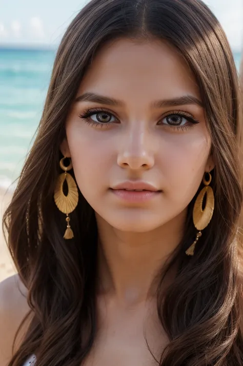 a young girl on the beach, beautiful  face, eyes large, big eyelashes, soft skin, long hair, large earrings, 比基尼, goddess, pose ...