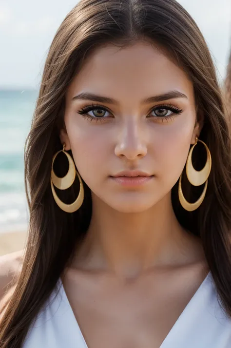 a young girl on the beach, beautiful  face, eyes large, big eyelashes, soft skin, long hair, large earrings, 比基尼, goddess, pose ...