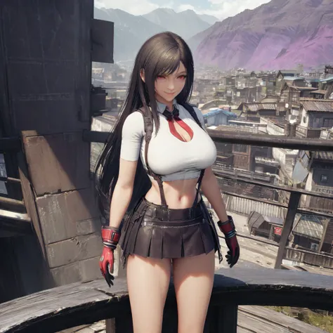 A woman wearing a white shirt with black kanji writing, short black skirt, exposed thigh, red boots, red gloves, exposed abdomen, large breasts, on a platform with purple mountains in the background, daytime location, black hair, long hair, eyes red smilin...