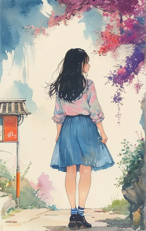 8K,masterpiece,Highest quality, (From below:1.6) ,Dynamic pose,30 years old, 1 Girl, holding a big bouquet,Portraiture, florals, watercolor sketch, Light, Long Hair, smile, watercolor (Moderate),watercolor,Plain Tank Top,Plain Light blue sweater,Long skirt...