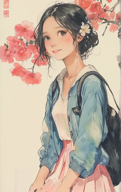 8K,masterpiece,Highest quality, (From below:1.6) ,Dynamic pose,30 years old, 1 Girl, holding a big bouquet,Portraiture, florals, watercolor sketch, Light, Long Hair, smile, watercolor (Moderate),watercolor,Plain Tank Top,Plain Light blue sweater,Long skirt...