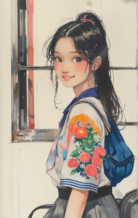 8K,masterpiece,Highest quality, (From below:1.6) ,Dynamic pose,30 years old, 1 Girl, holding a big bouquet,Portraiture, florals, watercolor sketch, Light, Long Hair, smile, watercolor (Moderate),watercolor,Plain Tank Top,Plain Light blue sweater,Long skirt...