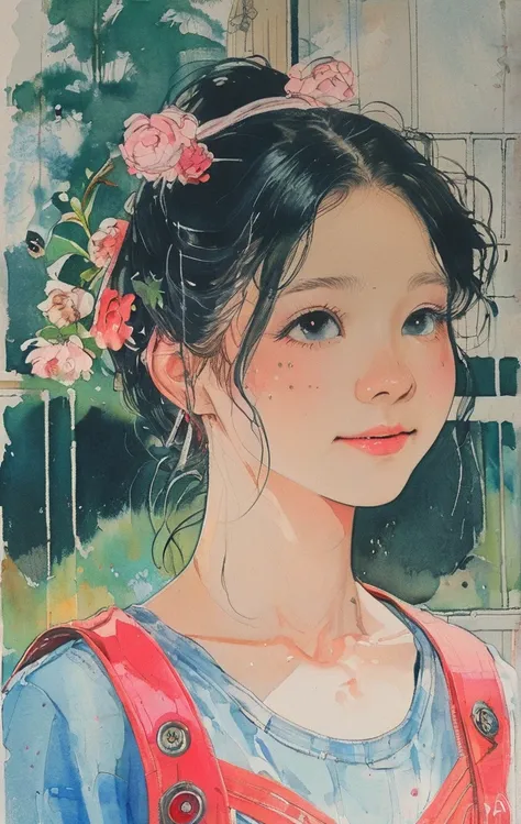 8K,masterpiece,Highest quality, (From below:1.6) ,Dynamic pose,30 years old, 1 Girl, holding a big bouquet,Portraiture, florals, watercolor sketch, Light, Long Hair, smile, watercolor (Moderate),watercolor,Plain Tank Top,Plain Light blue sweater,Long skirt...