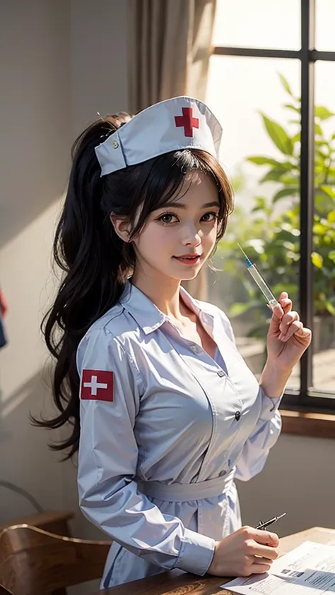 masterpiece, best quality, 1girl, solo, standing, terrarianurse, nurse, nurse cap, smile, syringe