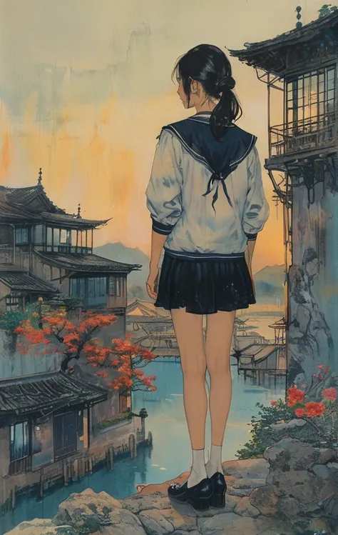 a sailor suit、Old townscape、Nostalgic、Detailed landscapes、Rear view、walk、A darK-haired、a picture、Long、Bright face、Look at viewers