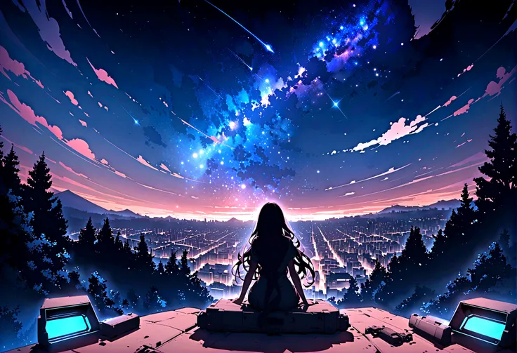 masterpiece, octane, sky, stars (sky), scenery, starry sky, night, one girl, night sky, alone, outdoors, buildings, clouds, milky way, sitting, trees, long hair, city, silhouette, city scape,masterpiece,32k