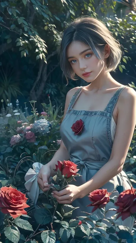 in the heart of the wonderland world a young beautiful girl with short blue and white hair, florist clothing and rose apron. cut...