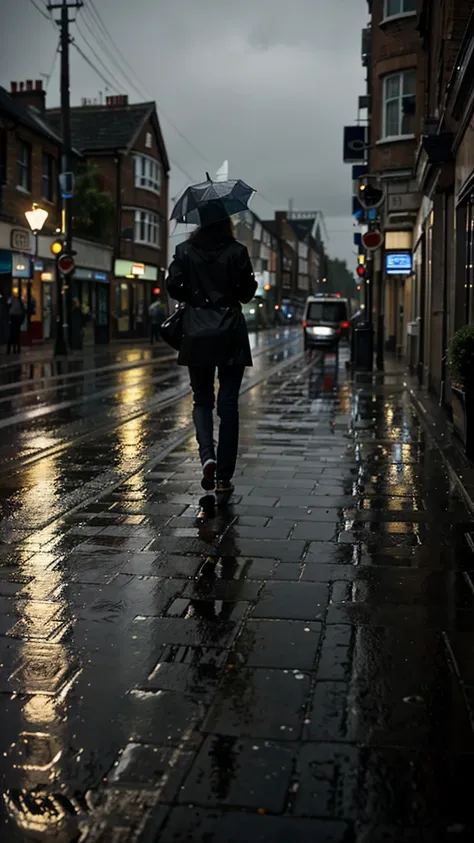 A rain-soaked sidewalk　City of night　England