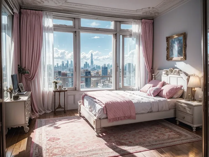 8K HD，Blue sky and white clouds，Glass House，Glass House，There is a big pink bed in the room，There is a table here，TV，There is a bookcase，Pink Curtains，Large glass windows all around，Overlooking the panoramic view，The most important thing is to have a big b...