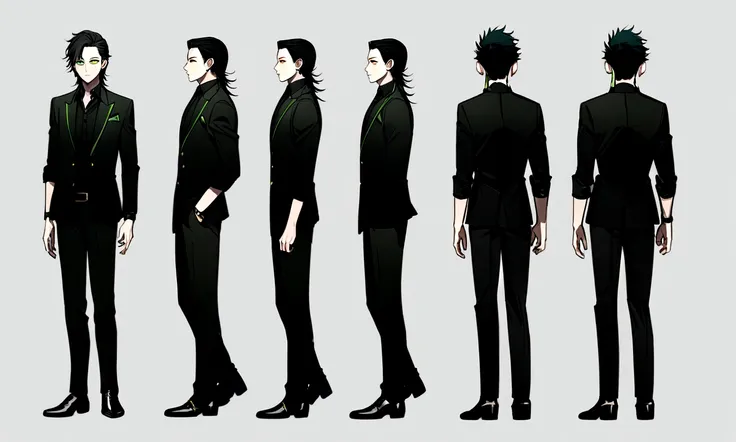 son of loki, green eyes, short black shaved mullet style haircut. wearing formal black shirt with green details, black pants, black shoes, full body image