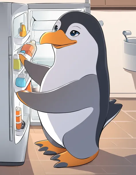 Illustration of a cute penguin, repairing a refrigerator 