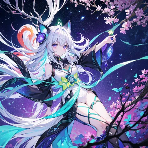 Black light、濃いgreenと紫、Bioluminescent Japanese fantasy tree of life with red pandas in fairy tale world style、Space galaxy background、White Gold Leaf Metallic Ink、Highly detailed leaves、A tree of life with branches shaped like red pandaade of purple leaves、...