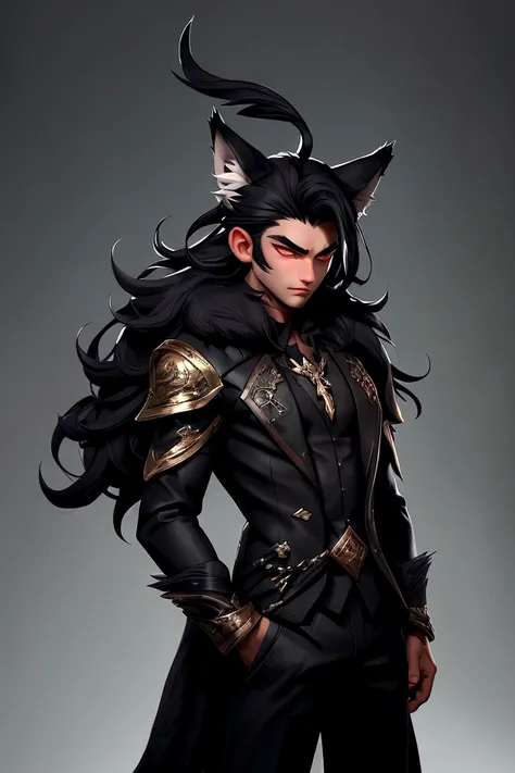 1boy hair:long smooth black, Eyes:deep black, fur:Clara, body:marked, with wolf ears and tail and a gloomy look (Is a man)